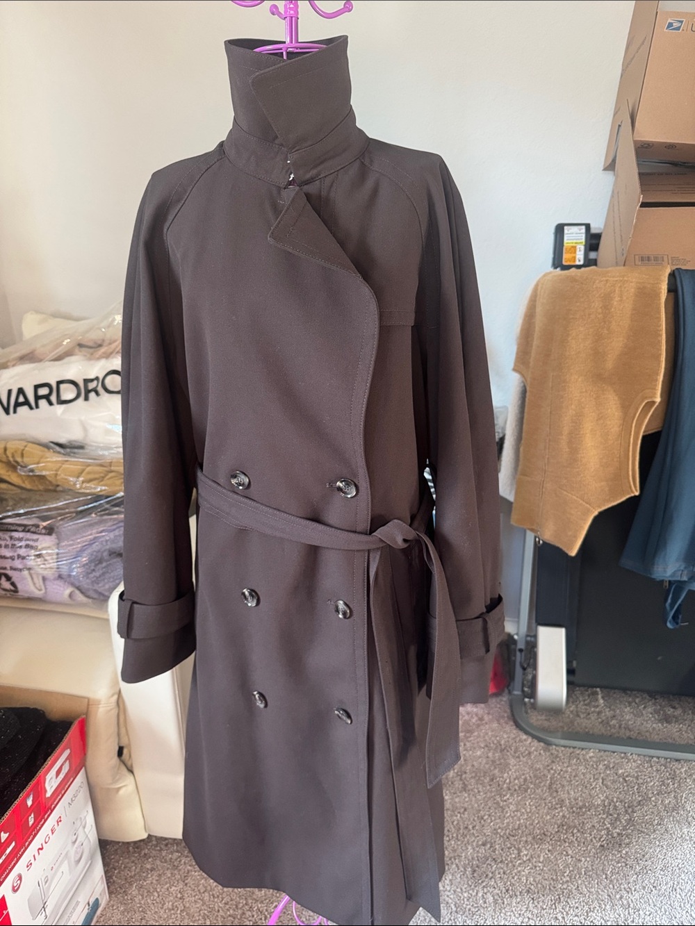 H&M Women's Dark Brown Double-Breasted Trench Coat with Belt